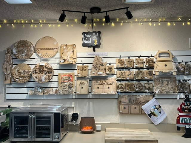 Laser-cut wood display wall